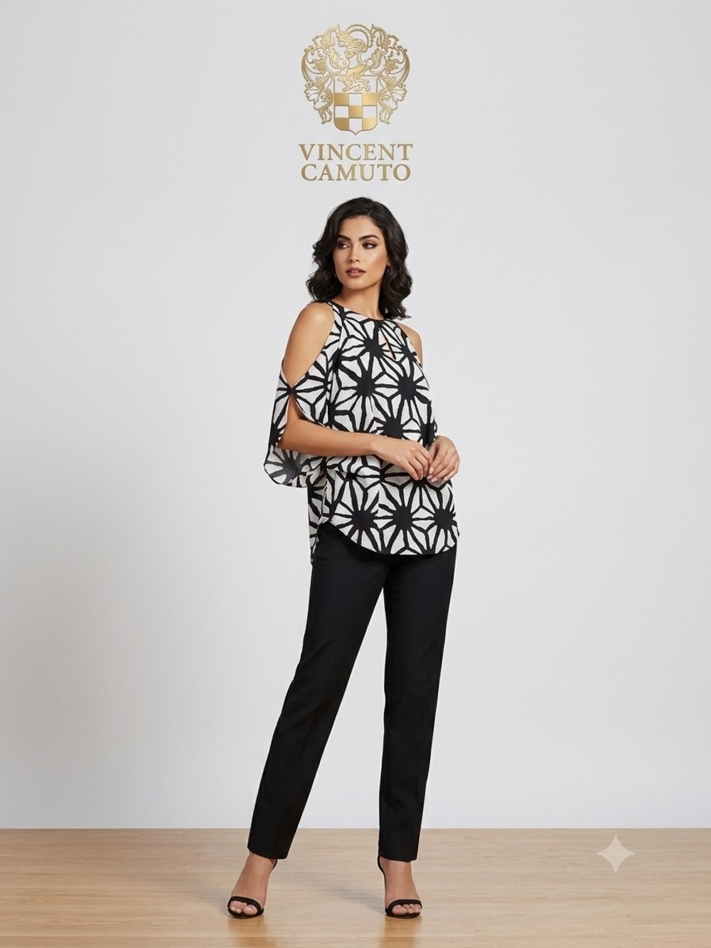Vince Camuto Black & White Cold-Shoulder Geometric / Starburst Tank Blouse S-M